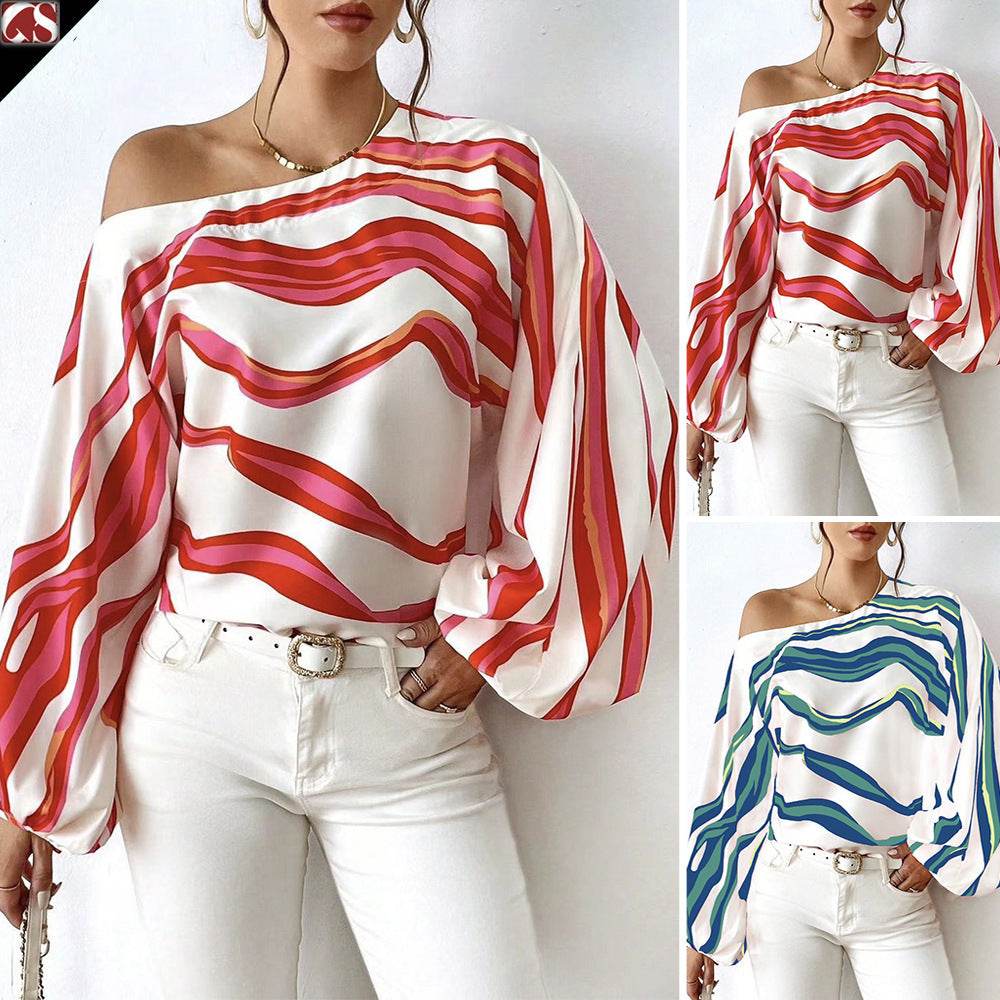 Off-neck Printed Loose-fitting Women's Shirt - MYLUXURY LANE ENTERPRISE