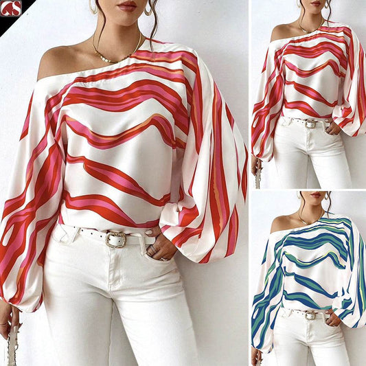Off-neck Printed Loose-fitting Women's Shirt - MYLUXURY LANE ENTERPRISE
