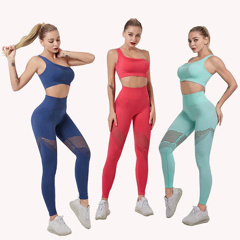 Gathered single shoulder sports bra bra mesh high waist hip yoga pants - MYLUXURY LANE ENTERPRISE