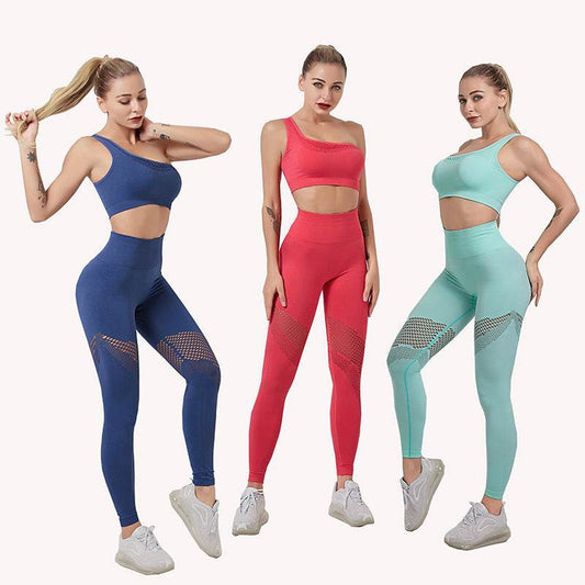 Gathered single shoulder sports bra bra mesh high waist hip yoga pants - MYLUXURY LANE ENTERPRISE