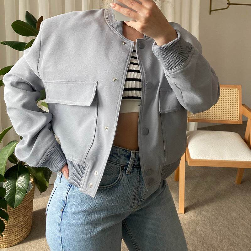Fashion Button Stand-collar Jacket With Big Pockets Casual Loose Short Outwear Tops Coat For Women Clothing - MYLUXURY LANE ENTERPRISE