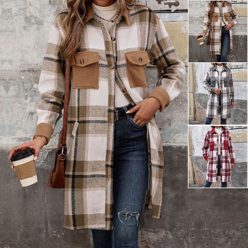 New Brushed Plaid Long Coat With Pockets Fashion Winter Jacket Outwear Women's Clothing - MYLUXURY LANE ENTERPRISE