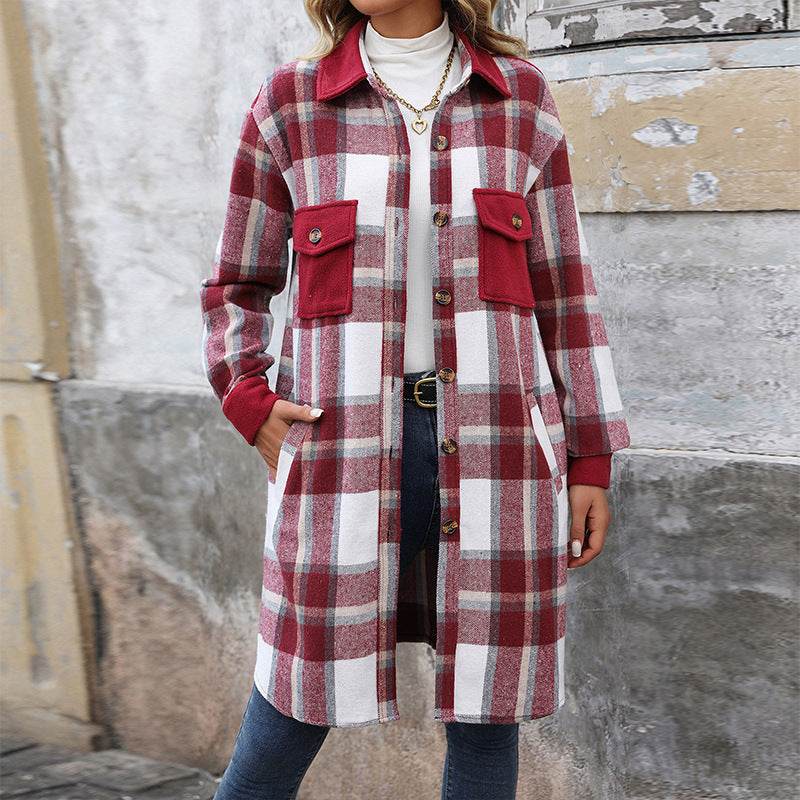New Brushed Plaid Long Coat With Pockets Fashion Winter Jacket Outwear Women's Clothing - MYLUXURY LANE ENTERPRISE