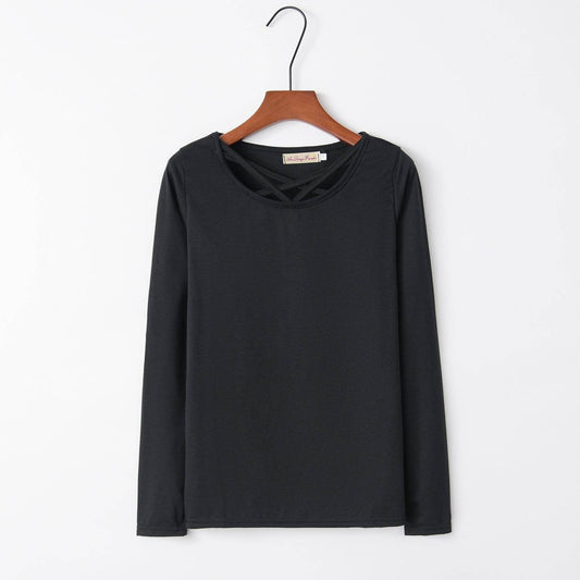 Wish Best-selling New Type Long Sleeve T-shirt Women Solid Color Cross Collar Solid Color Fall Women's Clothing - MYLUXURY LANE ENTERPRISE
