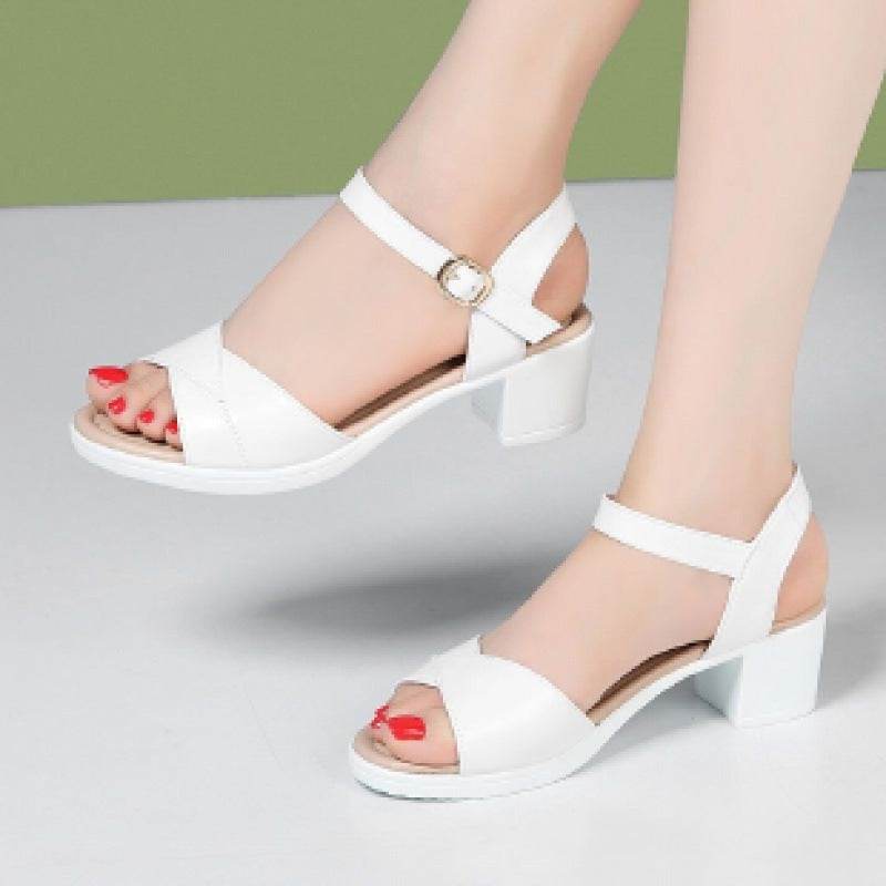 Mid Heel 3-5cm Chunky Heel Open Toe Rubber Sandals Ankle-strap Buckle PU - MYLUXURY LANE ENTERPRISE
