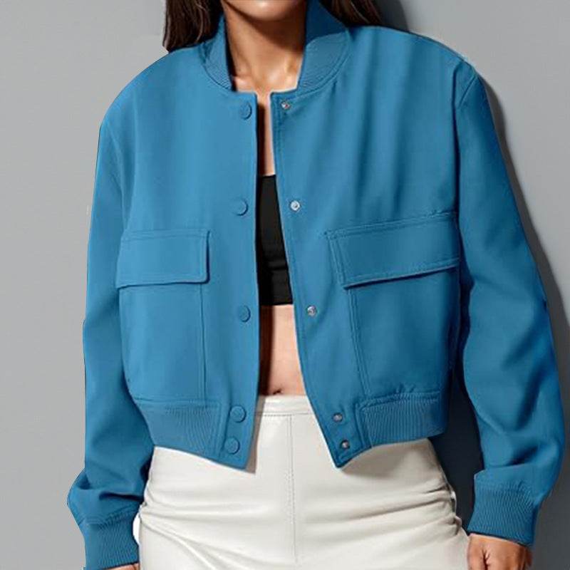 Fashion Button Stand-collar Jacket With Big Pockets Casual Loose Short Outwear Tops Coat For Women Clothing - MYLUXURY LANE ENTERPRISE