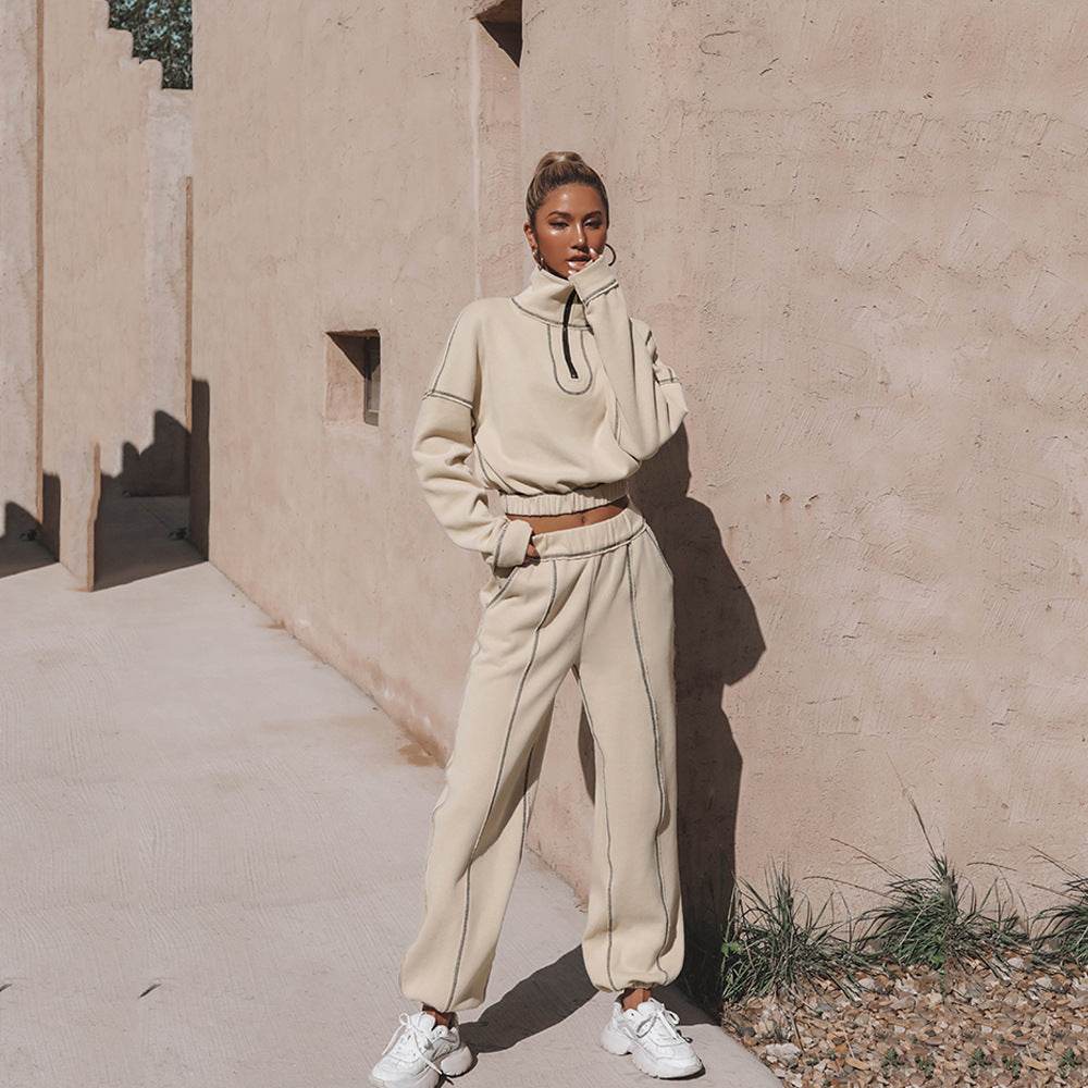 Long Sleeve Turtleneck Sweatshirt Stand Up Zipper Short Top With Loose Straight Leg Pants Women's Clothing - MYLUXURY LANE ENTERPRISE