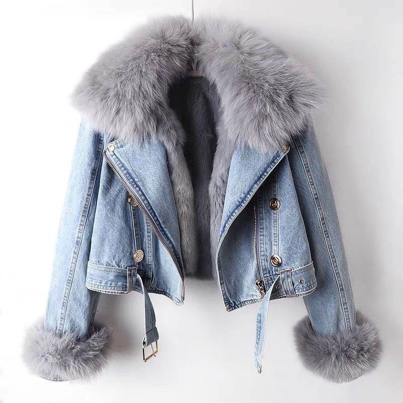 Detachable Fox Fur Rabbit Fur Liner Denim Coat - MYLUXURY LANE ENTERPRISE