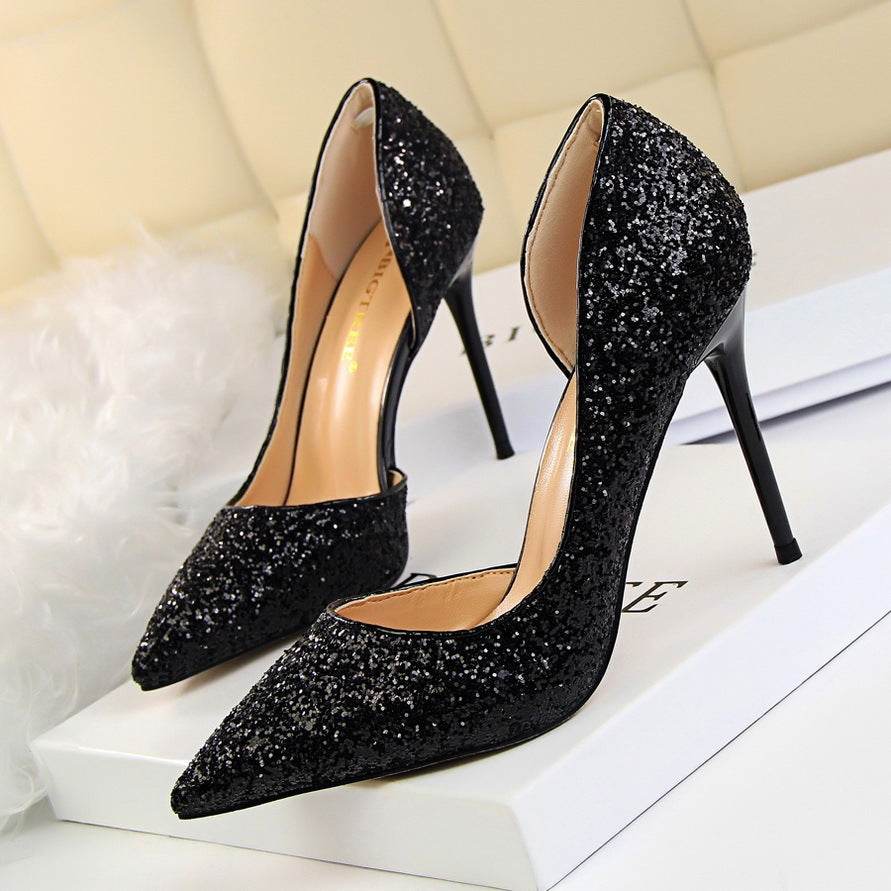 Skinny Women's Shoes Stiletto Heel Shallow Mouth Pointed Side Hollow-out Sequin - MYLUXURY LANE ENTERPRISE
