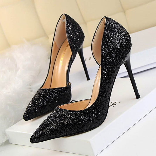 Skinny Women's Shoes Stiletto Heel Shallow Mouth Pointed Side Hollow-out Sequin - MYLUXURY LANE ENTERPRISE