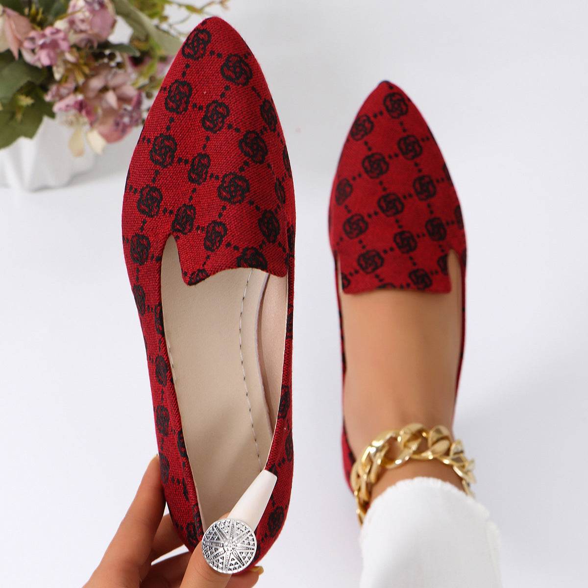 Rose Print Flats Shoes Fashion Casual Pointed Toe Canvas Loafers Lazy Shoes For Women - MYLUXURY LANE ENTERPRISE