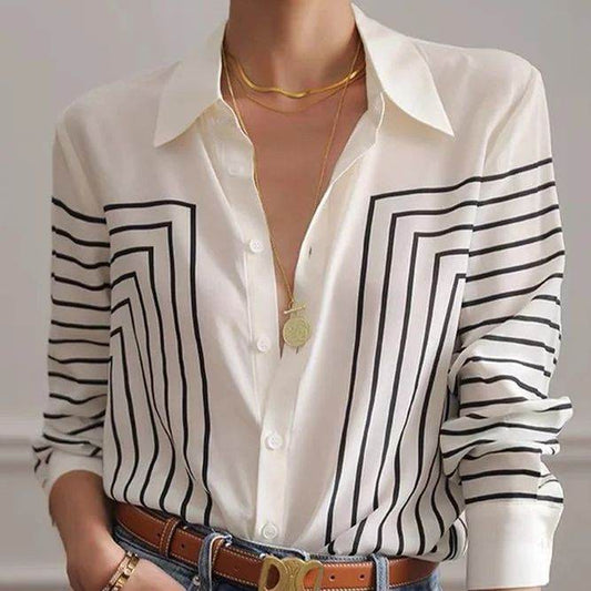 Autumn Striped Shirt Women's Long Sleeve Loose Silk Top - MYLUXURY LANE ENTERPRISE