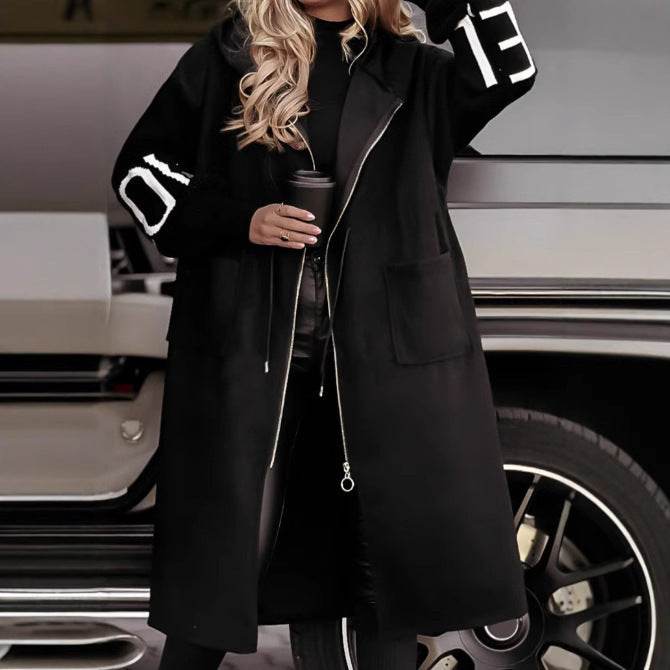 Hooded Windbreaker Long Jacket With Pockets And Drawstring Design Solid Color Knit-Sleeved Trench Coat For Women Clothing Fall Winter - MYLUXURY LANE ENTERPRISE