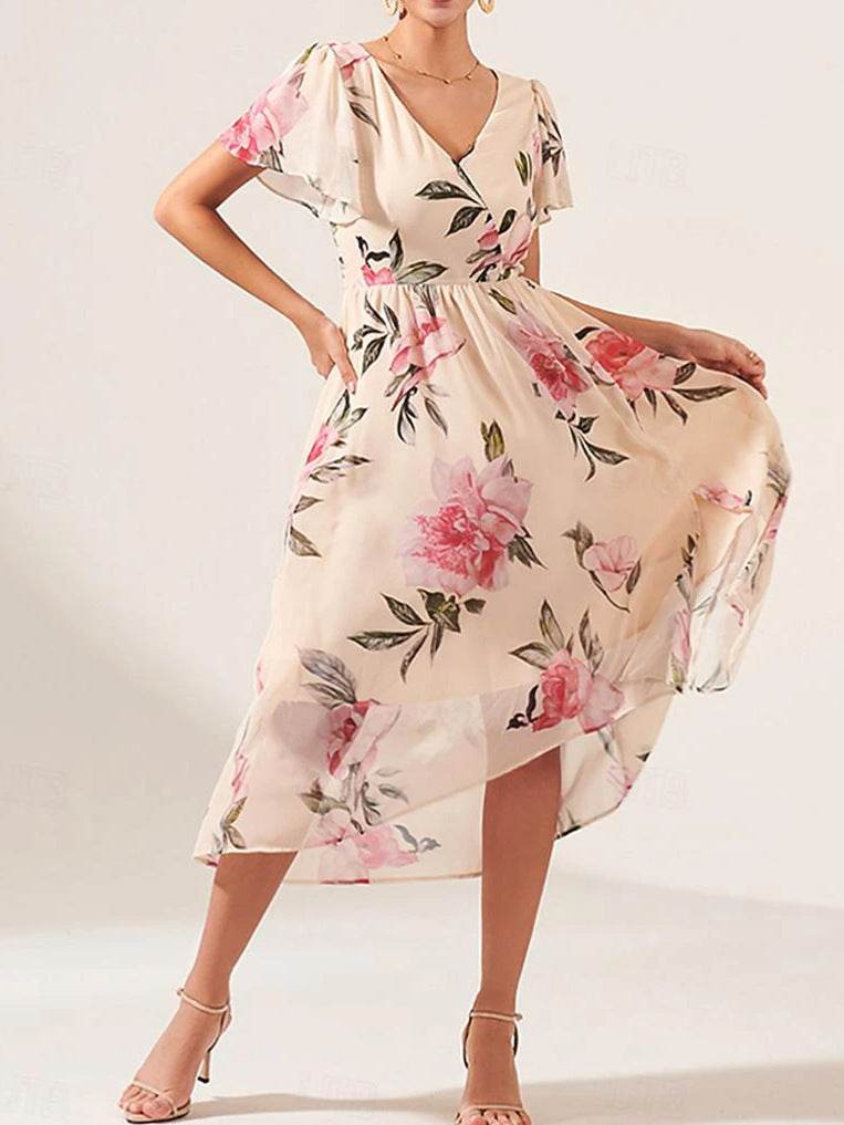 V-neck Mid-length Slim-fit Printed Dress - MYLUXURY LANE ENTERPRISE