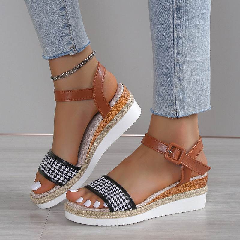 Houndstooth Print Sandals Women Summer Buckle Dress Shoes - MYLUXURY LANE ENTERPRISE