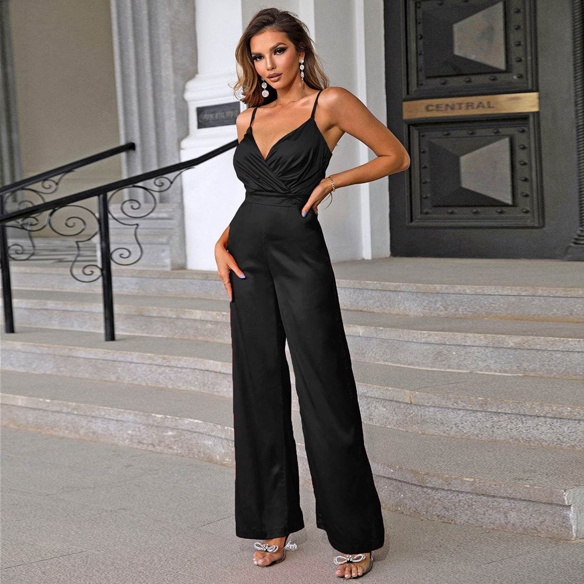 Fashion Women's Wear New Overlapping Collar Wide Leg Suspender Jumpsuit - MYLUXURY LANE ENTERPRISE