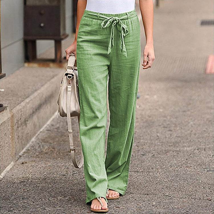 European And American Cotton And Linen Casual Wide-leg Pure Color Elastic Waist Lace-up Loose Women's Trousers - MYLUXURY LANE ENTERPRISE