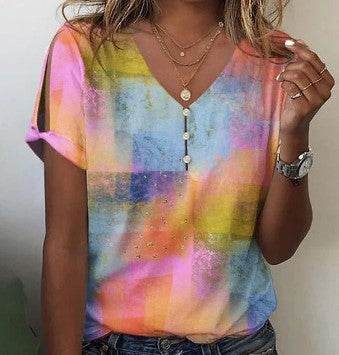Flower Series 3D Printed V-neck Button T-shirt Top - MYLUXURY LANE ENTERPRISE