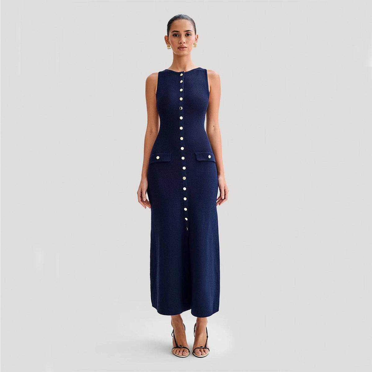 Elegant Knitted Sleeveless Dress With Single Breast Fashion Slim Round Neck Long Dresses Womens Clothing - MYLUXURY LANE ENTERPRISE