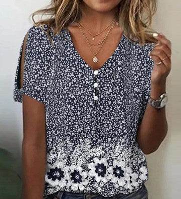 Flower Series 3D Printed V-neck Button T-shirt Top - MYLUXURY LANE ENTERPRISE