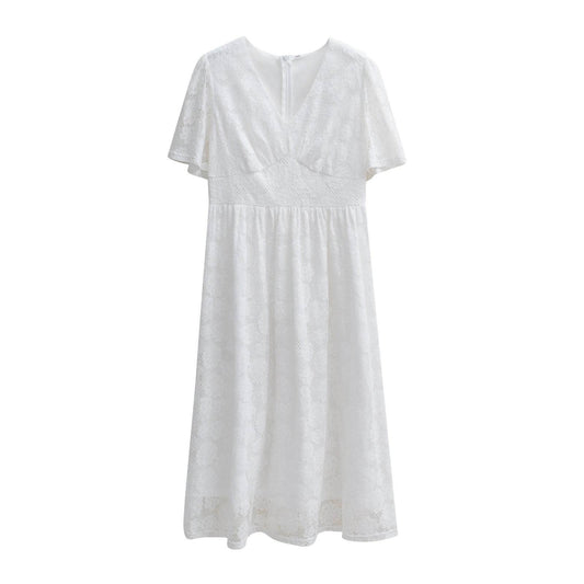 Fashion V-neck Lace Dress Summer Elegant Short Sleeve Long Dresses For Women - MYLUXURY LANE ENTERPRISE