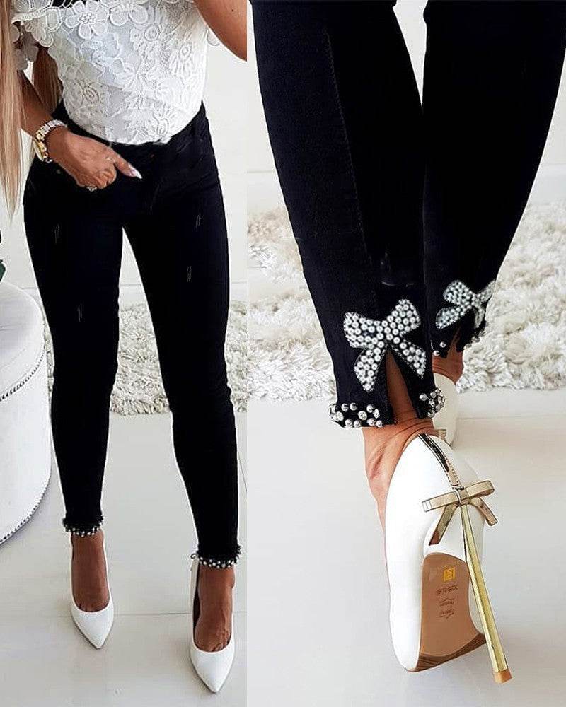 Slim Jeans Women Butterfly Sticky Flower Beaded Split Trousers - MYLUXURY LANE ENTERPRISE