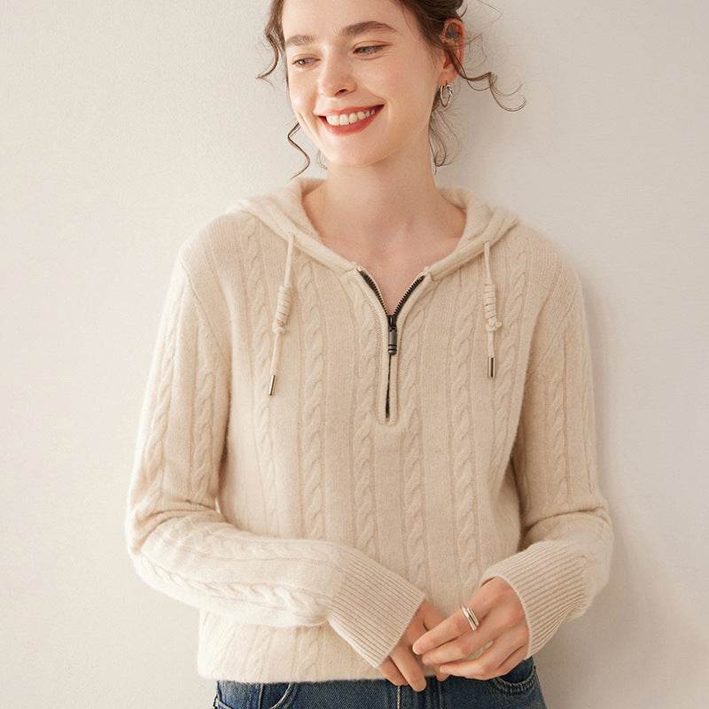 Cashmere Sweater Women's Hooded Twist Half-open Collar Sweater - MYLUXURY LANE ENTERPRISE