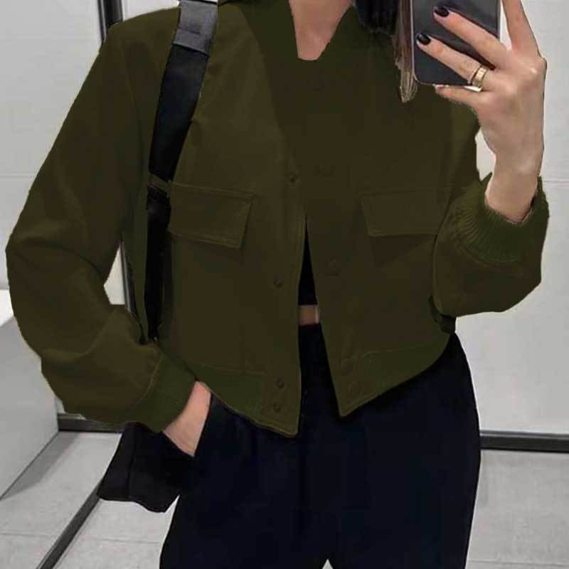 Fashion Button Stand-collar Jacket With Big Pockets Casual Loose Short Outwear Tops Coat For Women Clothing - MYLUXURY LANE ENTERPRISE