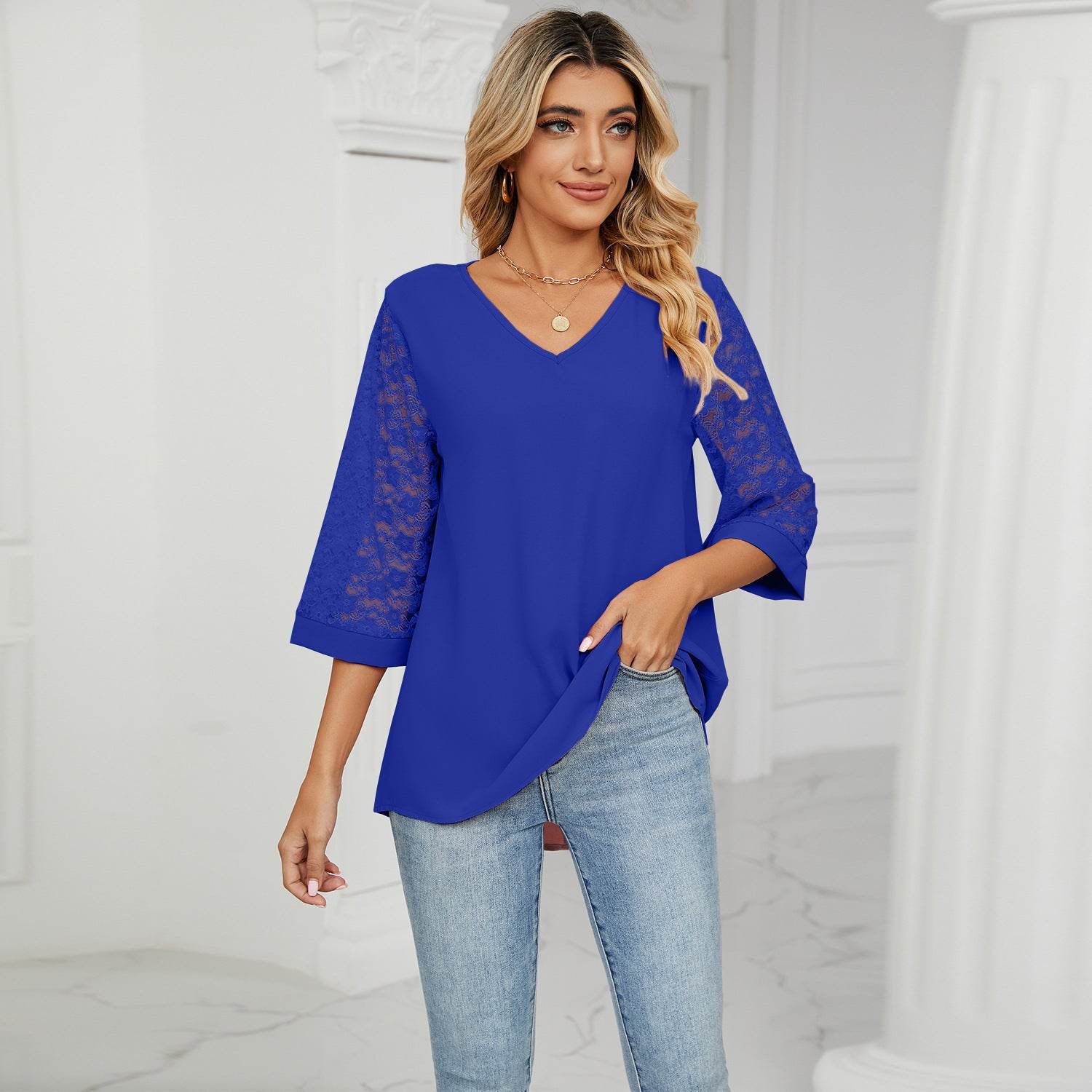 Loose V-neck Cropped Lace Bell Sleeve Patchwork Chiffon Bottoming Shirt - MYLUXURY LANE ENTERPRISE