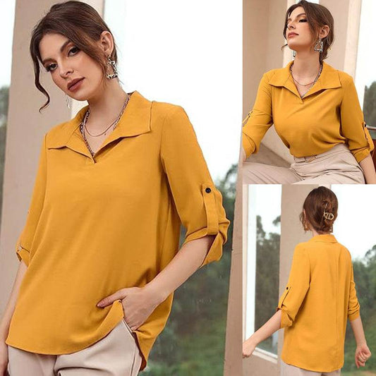 Polo Collar Casual Loose Three-quarter Sleeve Top - MYLUXURY LANE ENTERPRISE