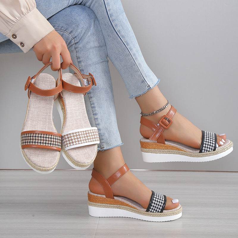Houndstooth Print Sandals Women Summer Buckle Dress Shoes - MYLUXURY LANE ENTERPRISE