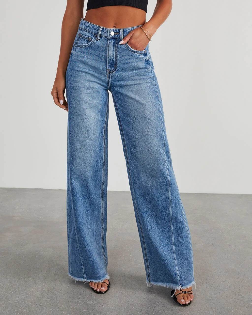 Women's Loose Wide-leg Side Seam Stitching Frayed Hem Jeans - MYLUXURY LANE ENTERPRISE
