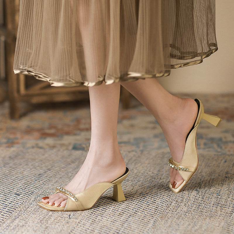 French Retro Women's Shoes Square Toe Open Toe High Heels Rhinestone - MYLUXURY LANE ENTERPRISE