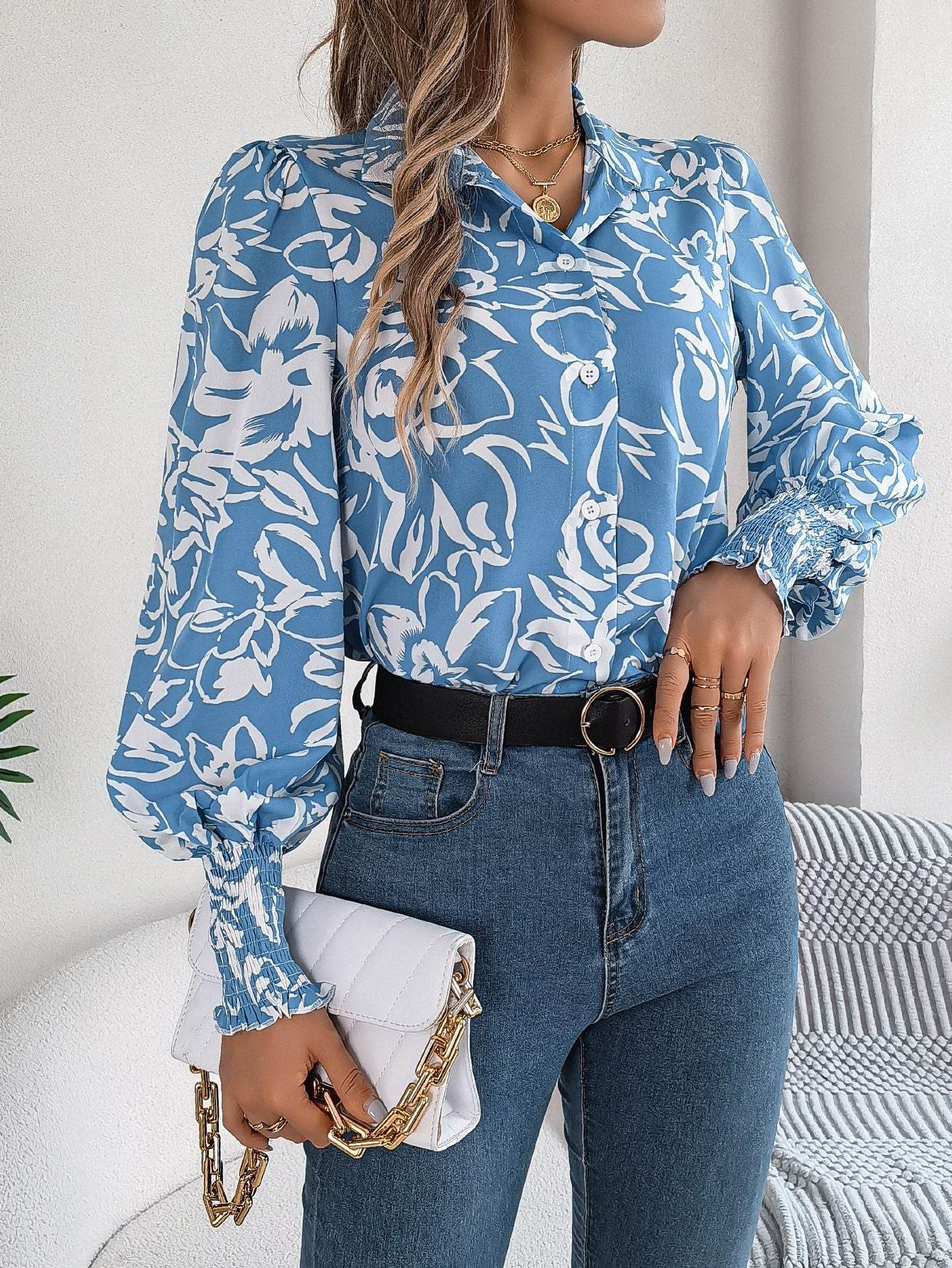 Elegant Contrast Color Flower Lantern Sleeve Lapel Shirt - MYLUXURY LANE ENTERPRISE