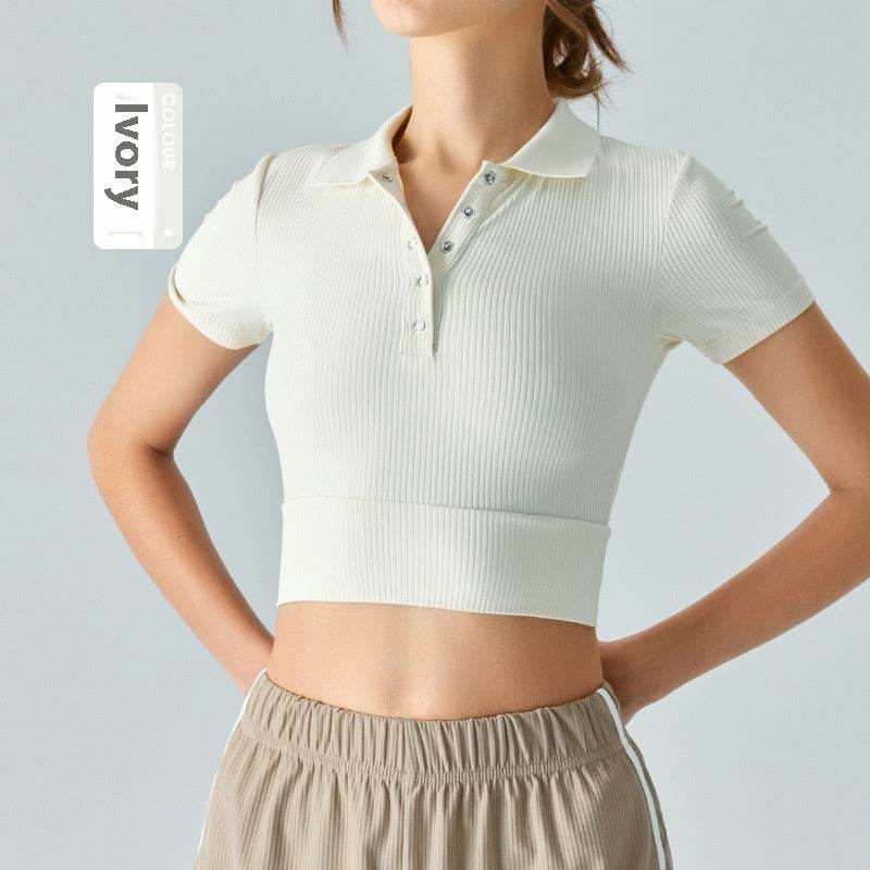 Shoulder Polo Collar Yoga Short-sleeved T-shirt - MYLUXURY LANE ENTERPRISE