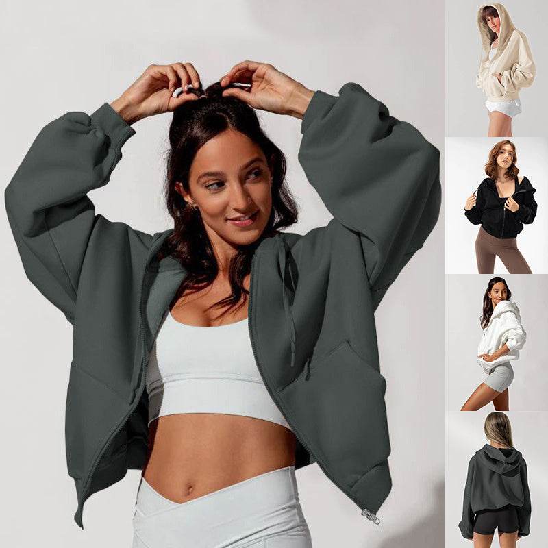 Zipper Hoodies Sports Jacket Fashion Loose Hooded Sweatshirt Casual Solid Women's Clothing - MYLUXURY LANE ENTERPRISE