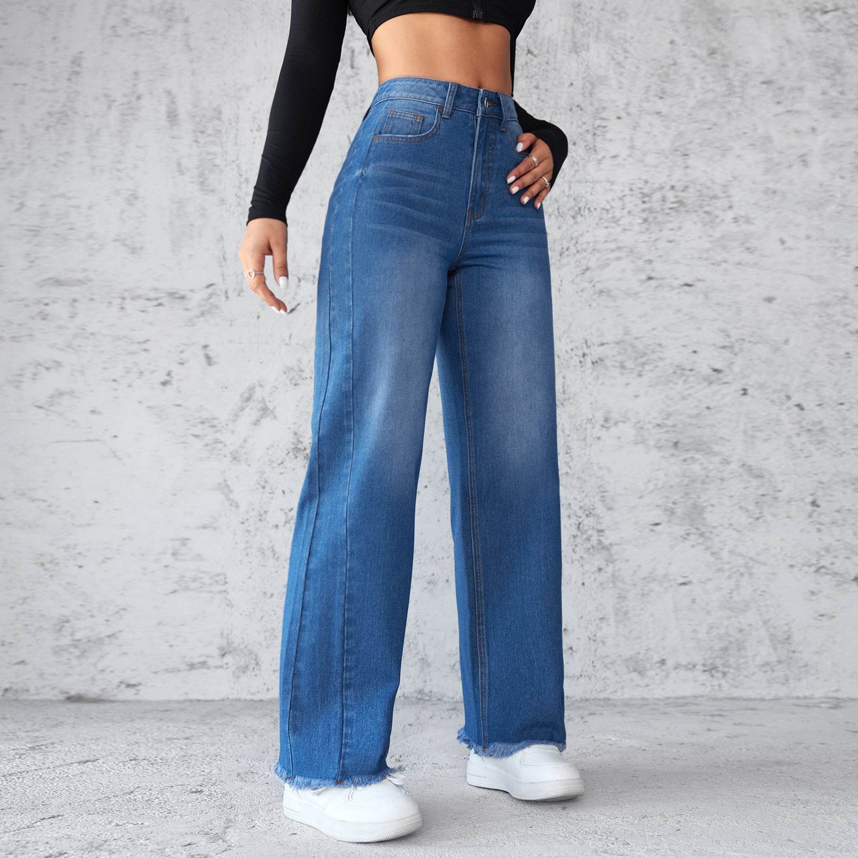 Fashion Straight Wide-leg Jeans Casual High-waist Non-elastic Womens Clothing - MYLUXURY LANE ENTERPRISE