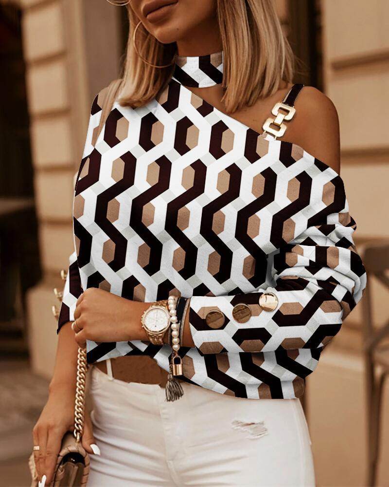 Long Sleeved Chain Neckline Printed Button Decoration Top - MYLUXURY LANE ENTERPRISE