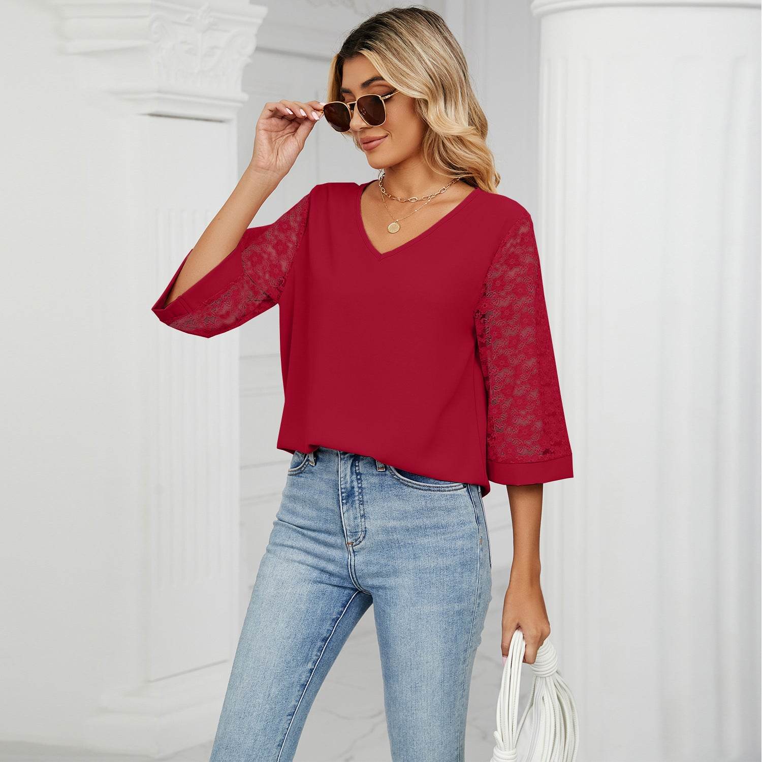 Loose V-neck Cropped Lace Bell Sleeve Patchwork Chiffon Bottoming Shirt - MYLUXURY LANE ENTERPRISE