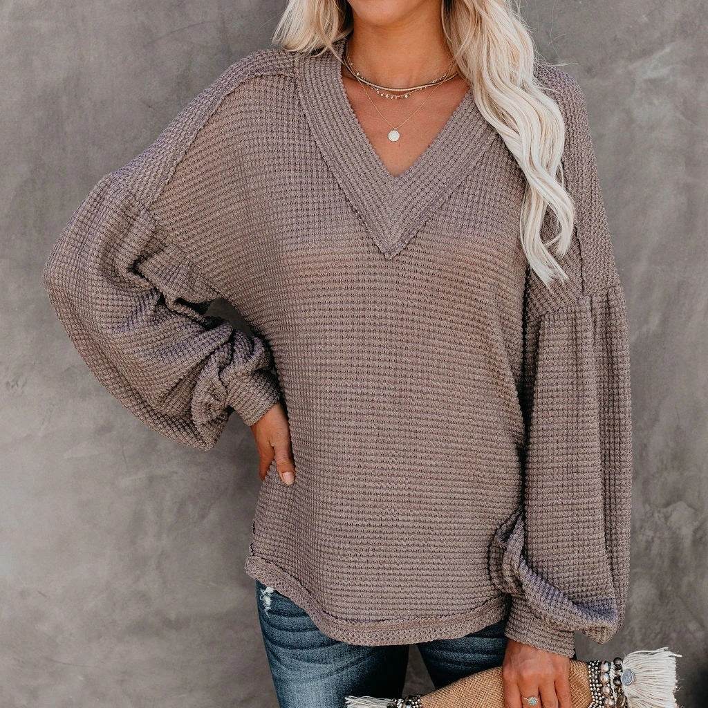 Fashion loose V-neck T-shirt Lantern Sleeve Top - MYLUXURY LANE ENTERPRISE