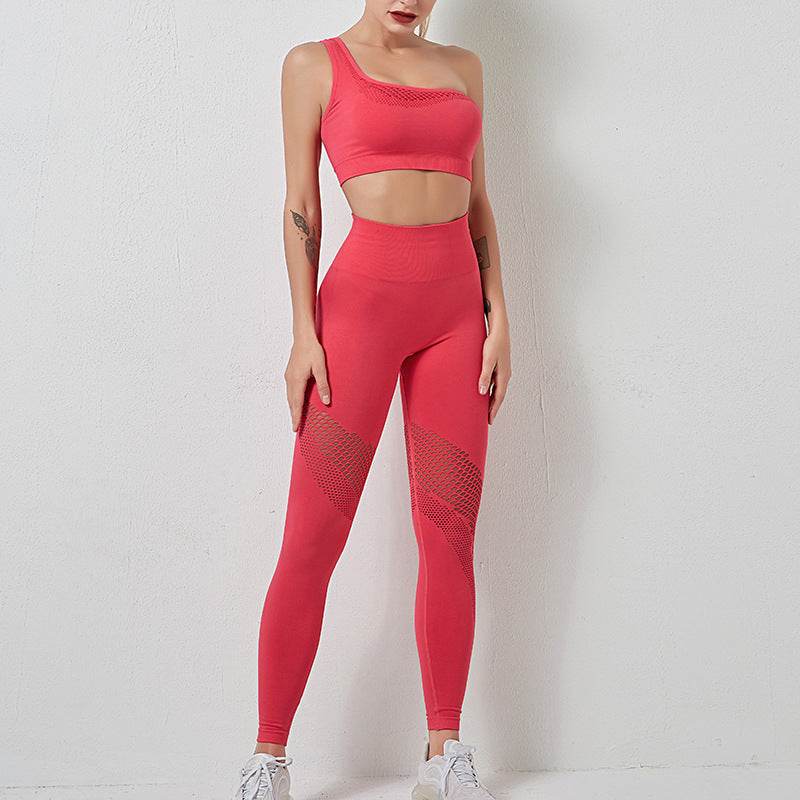 Gathered single shoulder sports bra bra mesh high waist hip yoga pants - MYLUXURY LANE ENTERPRISE