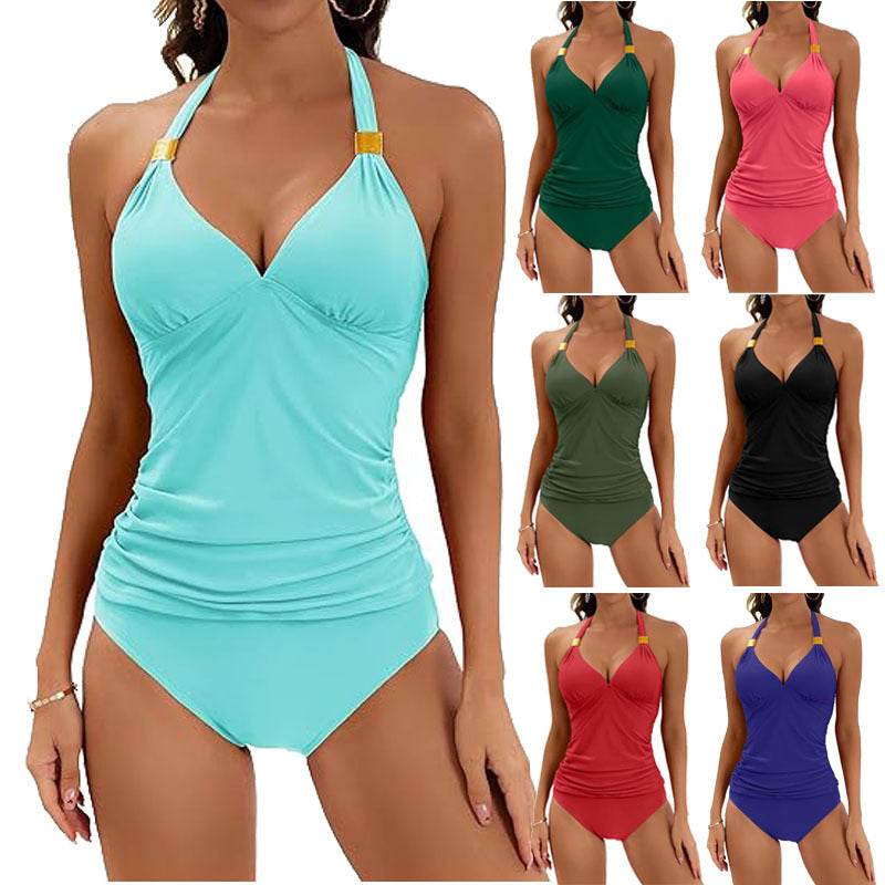 Women's Pure Color Halter Split Tie Two Piece Swimsuit - MYLUXURY LANE ENTERPRISE