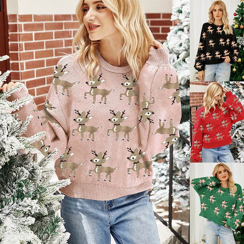 Women's Deer Jacquard Red Christmas Sweater - MYLUXURY LANE ENTERPRISE