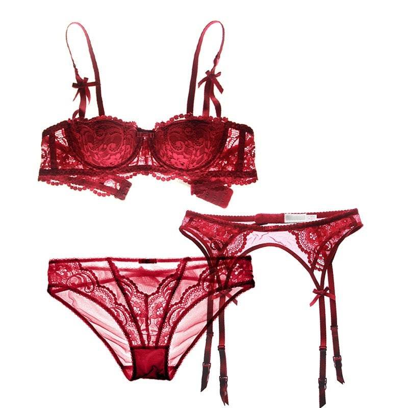 9177 Three-piece Set Sexy Lace Lingerie Push Up Bra Half Cup Garter Bra Set - MYLUXURY LANE ENTERPRISE