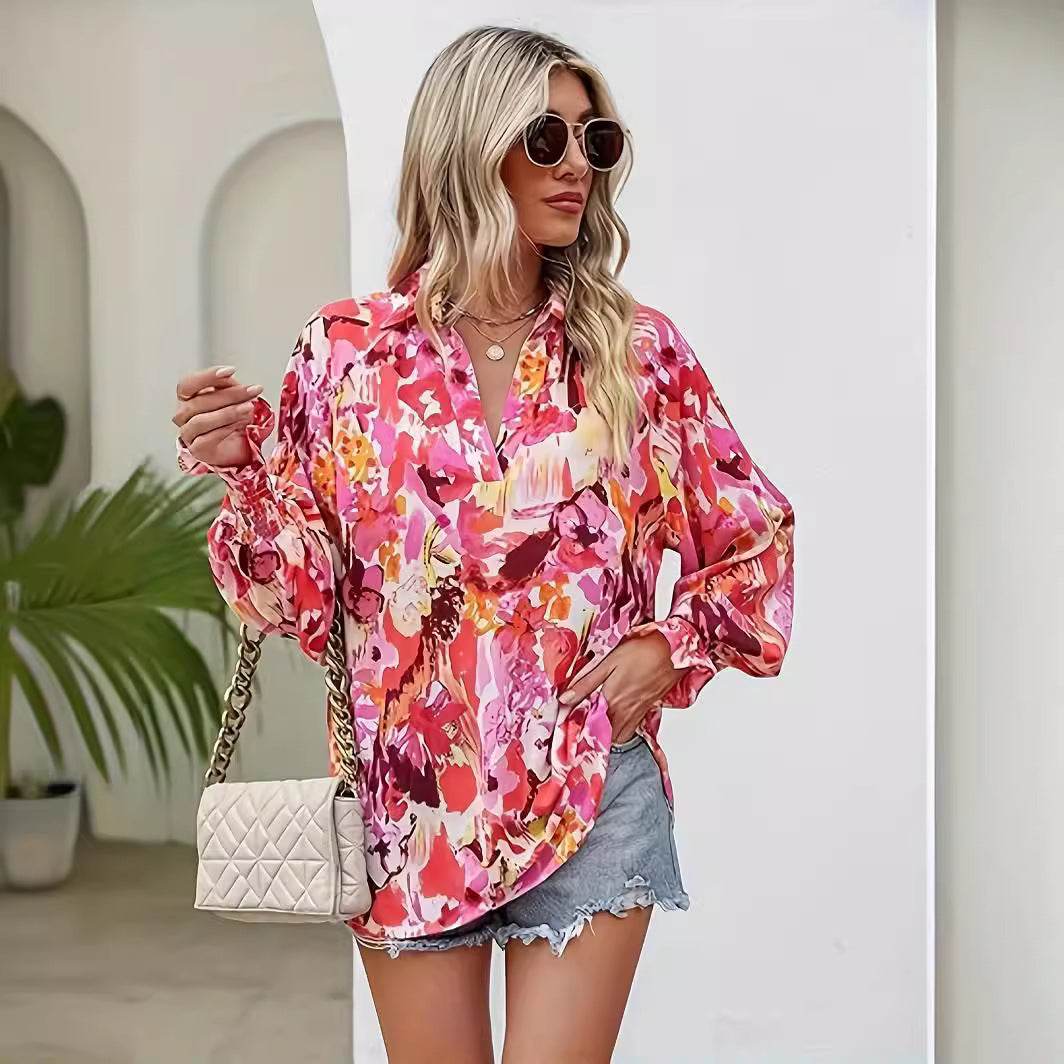 Casual V-neck Lantern Long Sleeve Printed Top Shirt - MYLUXURY LANE ENTERPRISE