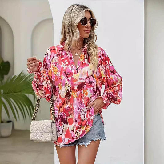 Casual V-neck Lantern Long Sleeve Printed Top Shirt - MYLUXURY LANE ENTERPRISE