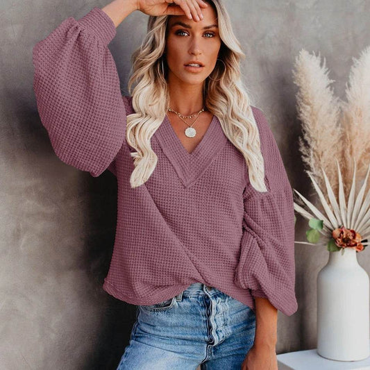 Fashion loose V-neck T-shirt Lantern Sleeve Top - MYLUXURY LANE ENTERPRISE