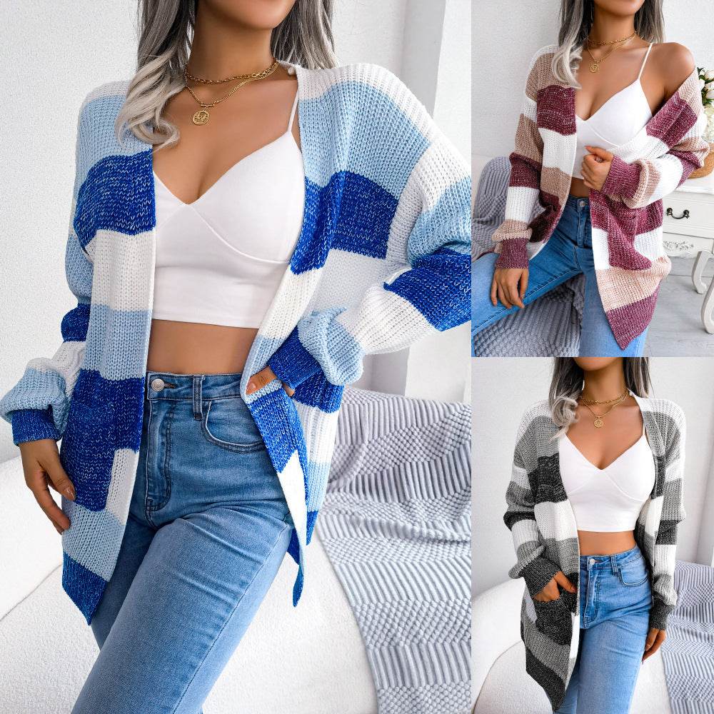 Plaid Sweater Women Casual Lantern Sleeves Cardigan Jacket Outerwear Clothes - MYLUXURY LANE ENTERPRISE