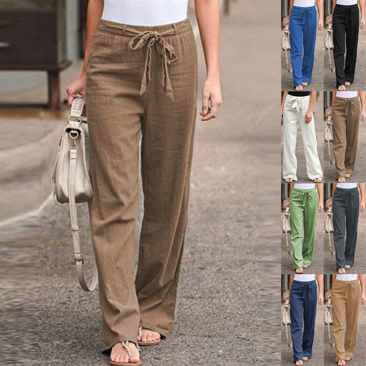European And American Cotton And Linen Casual Wide-leg Pure Color Elastic Waist Lace-up Loose Women's Trousers - MYLUXURY LANE ENTERPRISE