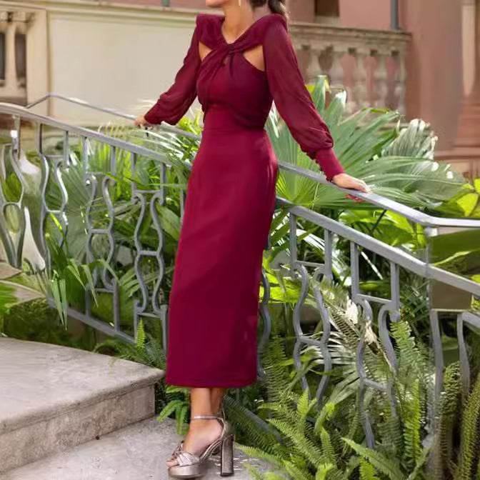 European And American Elegant Solid Color Hollow Twist Stitching Long Sleeve Slim Fit Dress - MYLUXURY LANE ENTERPRISE